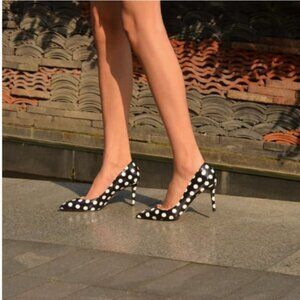 YDN Black Polka Dot Pointed Closed Toe Stiletto Heel Pumps Slip on Slide Shoe